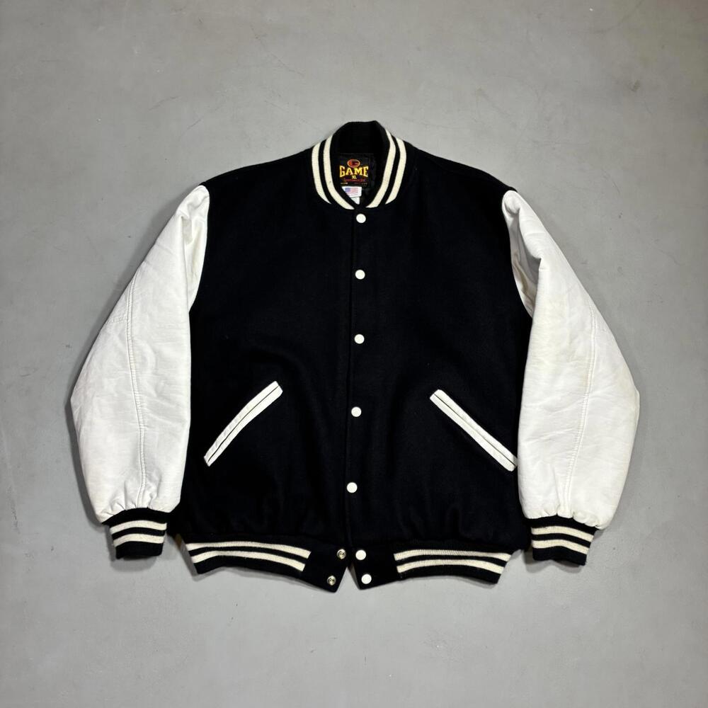 VTG Game Sportswear Varsity Jacket XL Black & White Blank Wool Leather USA Made